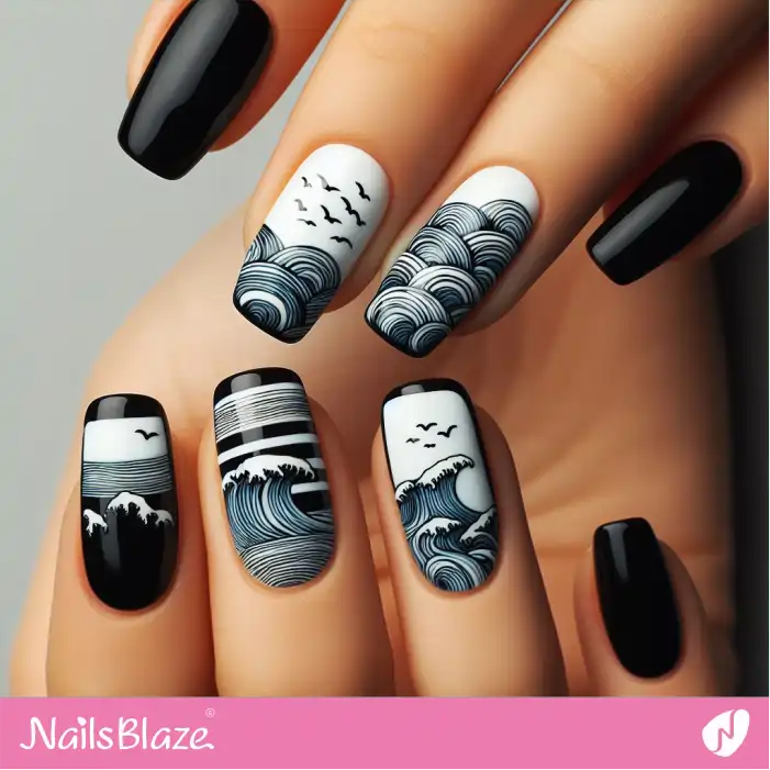 Black and White Nails with Ocean Pattern | Save the Ocean Nails - NB3270